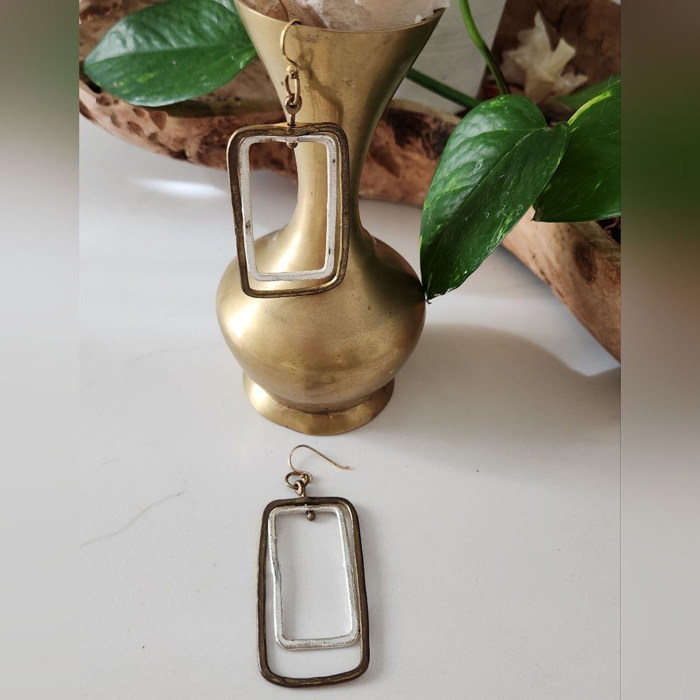 Rustic Gold And Silver Rectangular Earrings - image 6